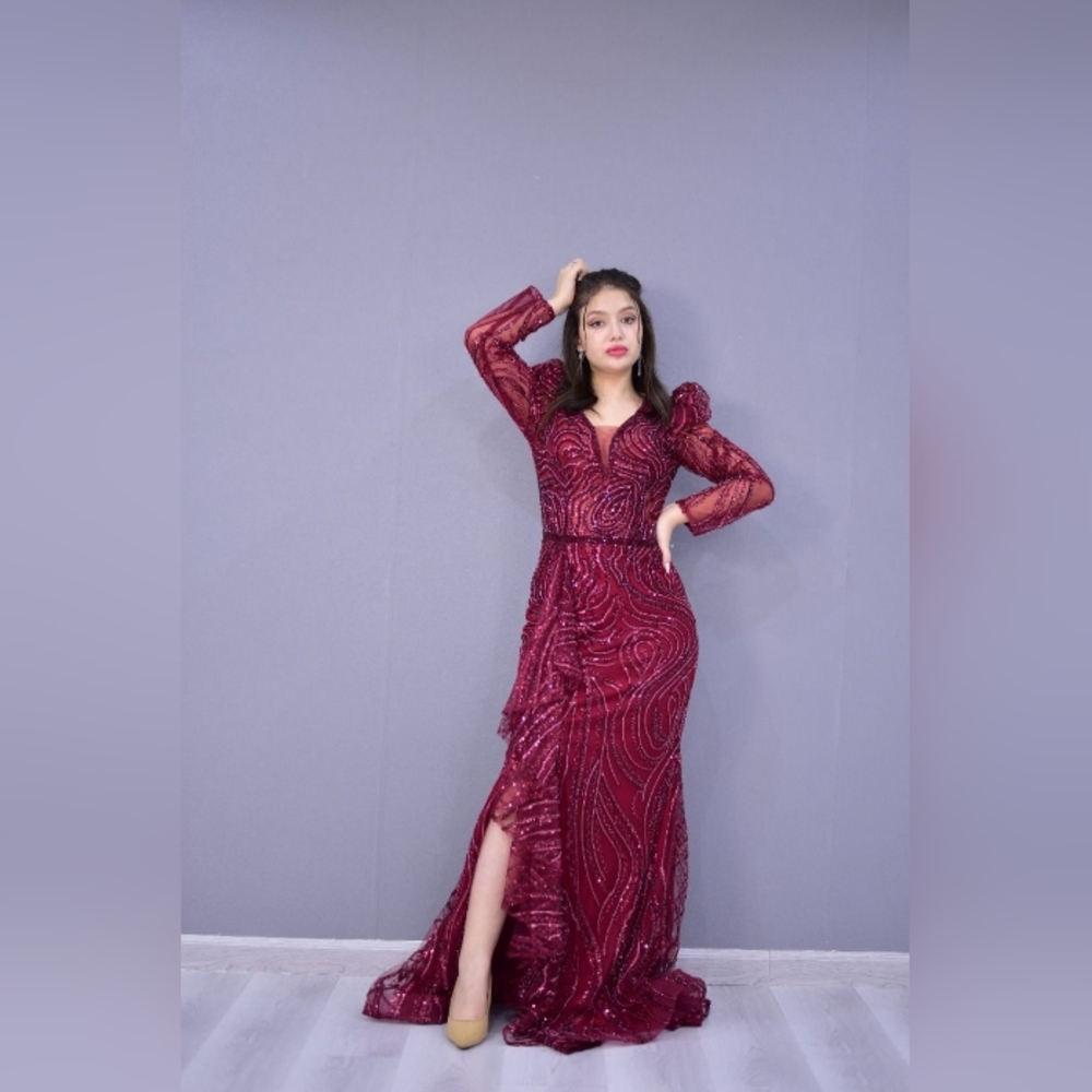 Burgundy Bishop Sleeve Asymmetrical Slit Gown
